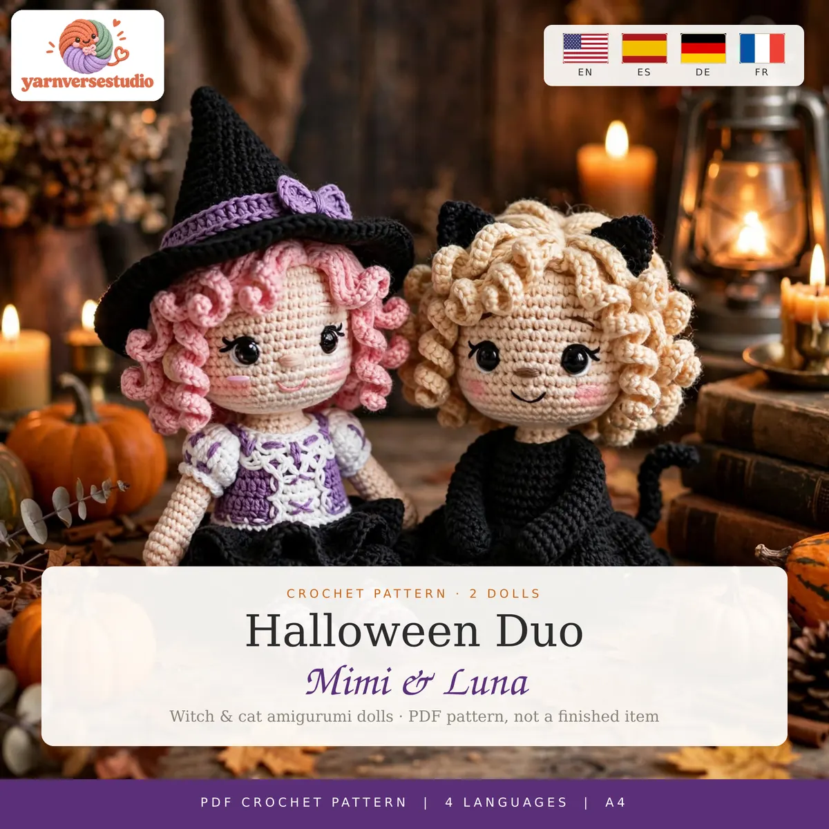 Häkelanleitung Halloween-Puppen: Hexe und Katze Amigurumi