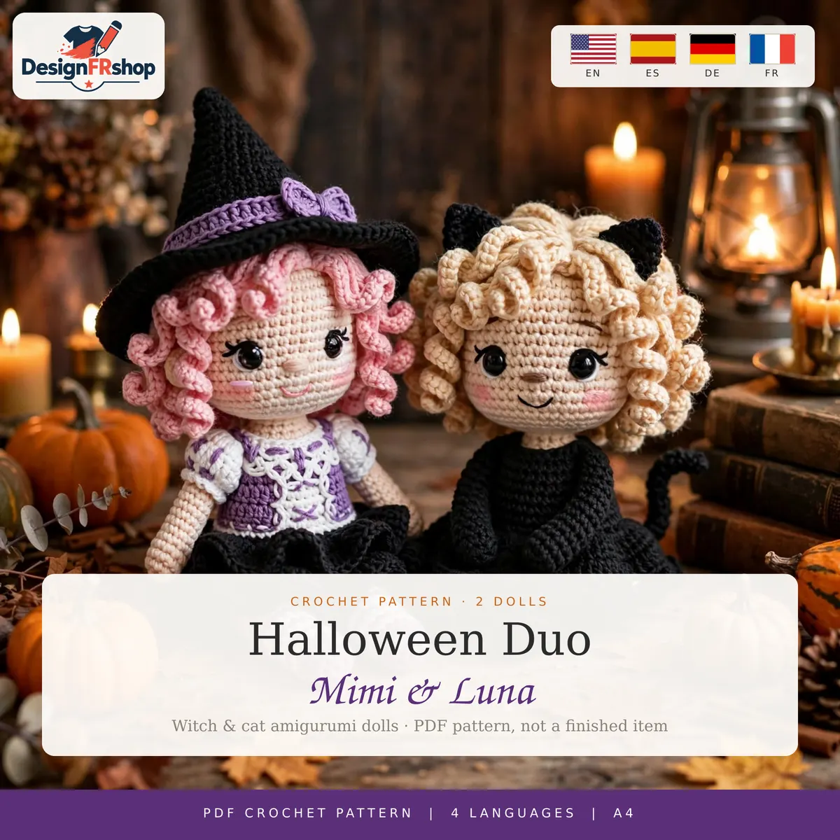 Halloween Doll Crochet Pattern: Witch and Cat Amigurumi Duo