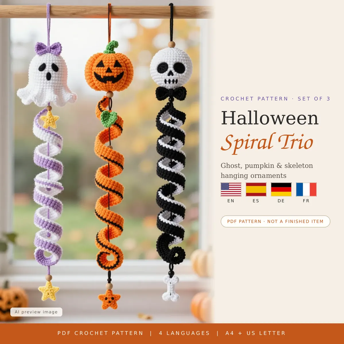 Halloween Spiral Trio Crochet Pattern: Ghost, Pumpkin, Skeleton