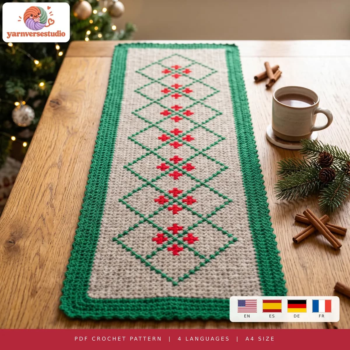 Tapestry-Häkelanleitung Tischläufer Argyle mit Stechpalme