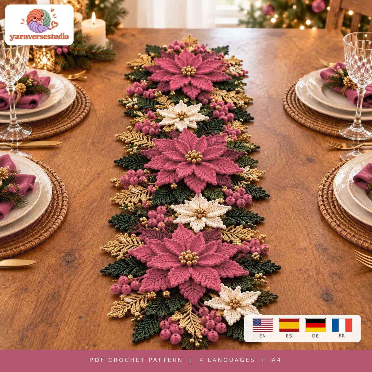 Häkelanleitung Tischläufer Weihnachtsstern Rosa