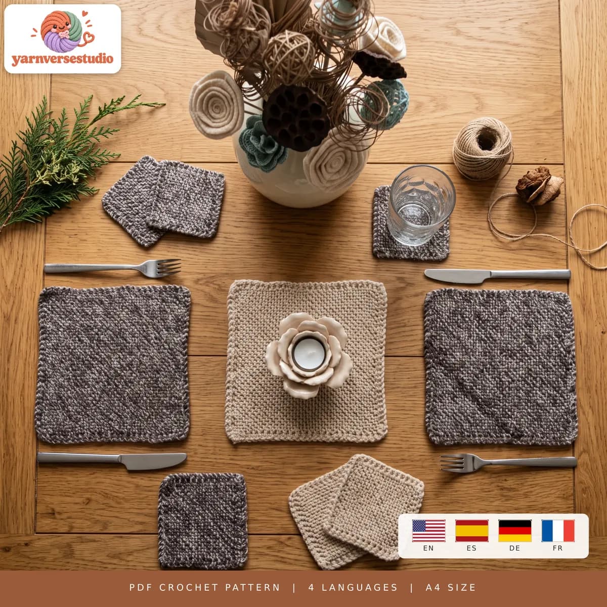 Cozy Squares Crochet Placemat and Coaster Pattern