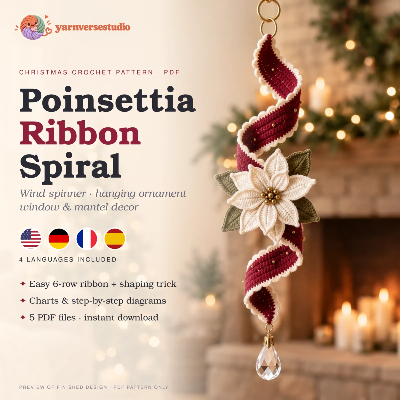 Poinsettia Table Runner Crochet Pattern, Christmas Centerpiece, 4 Languages (PDF)